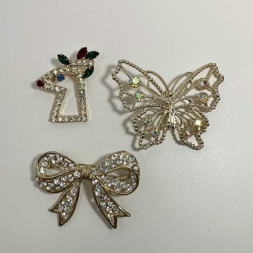 Gold Tone Rhinestone Bow, Butterfly & Reindeer Brooch Pins Lot of 3